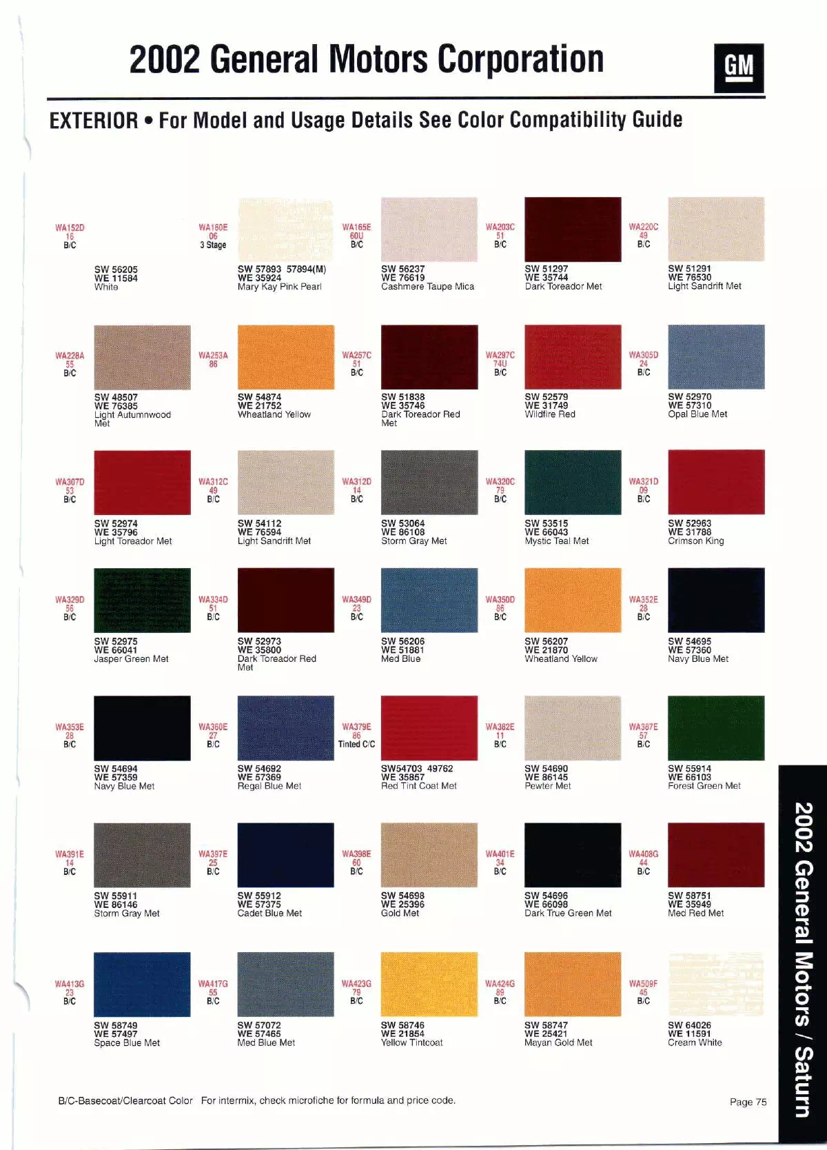 Color swatches, and their ordering paint codes for 2002 model vehicles