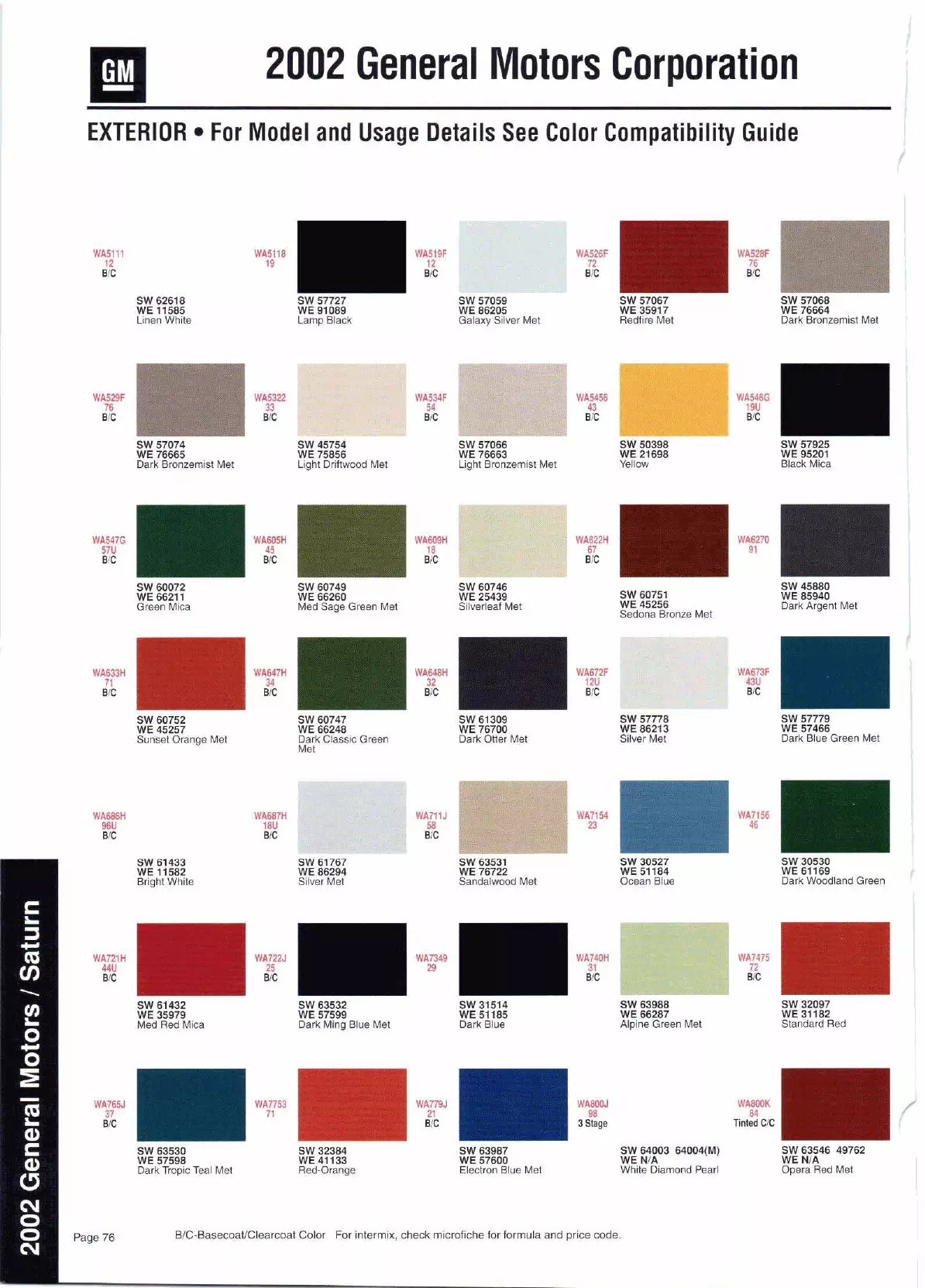 Color swatches, and their ordering paint codes for 2002 model vehicles