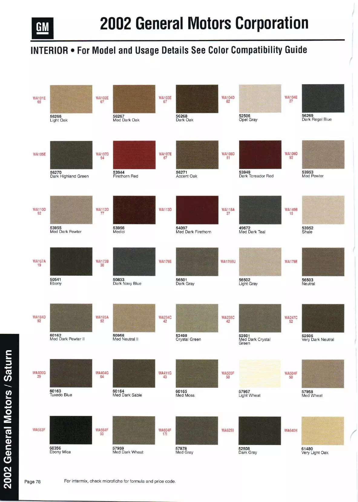 Color swatches, and their ordering paint codes for 2002 model vehicles