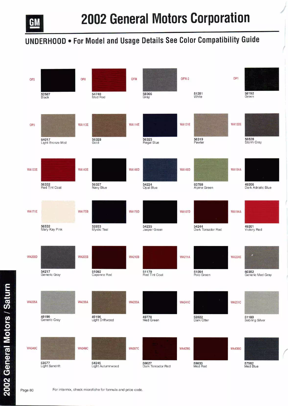 Color swatches, and their ordering paint codes for 2002 model vehicles