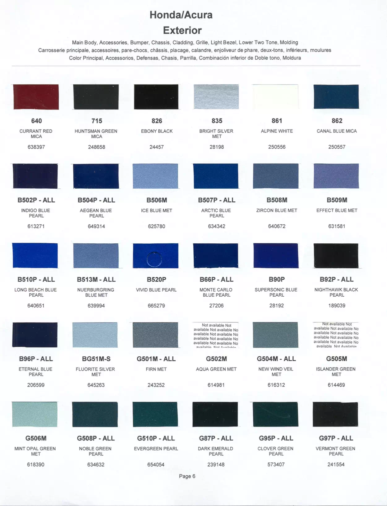 Exterior paint chips and their ordering codes for Honda and Acura Vehicles