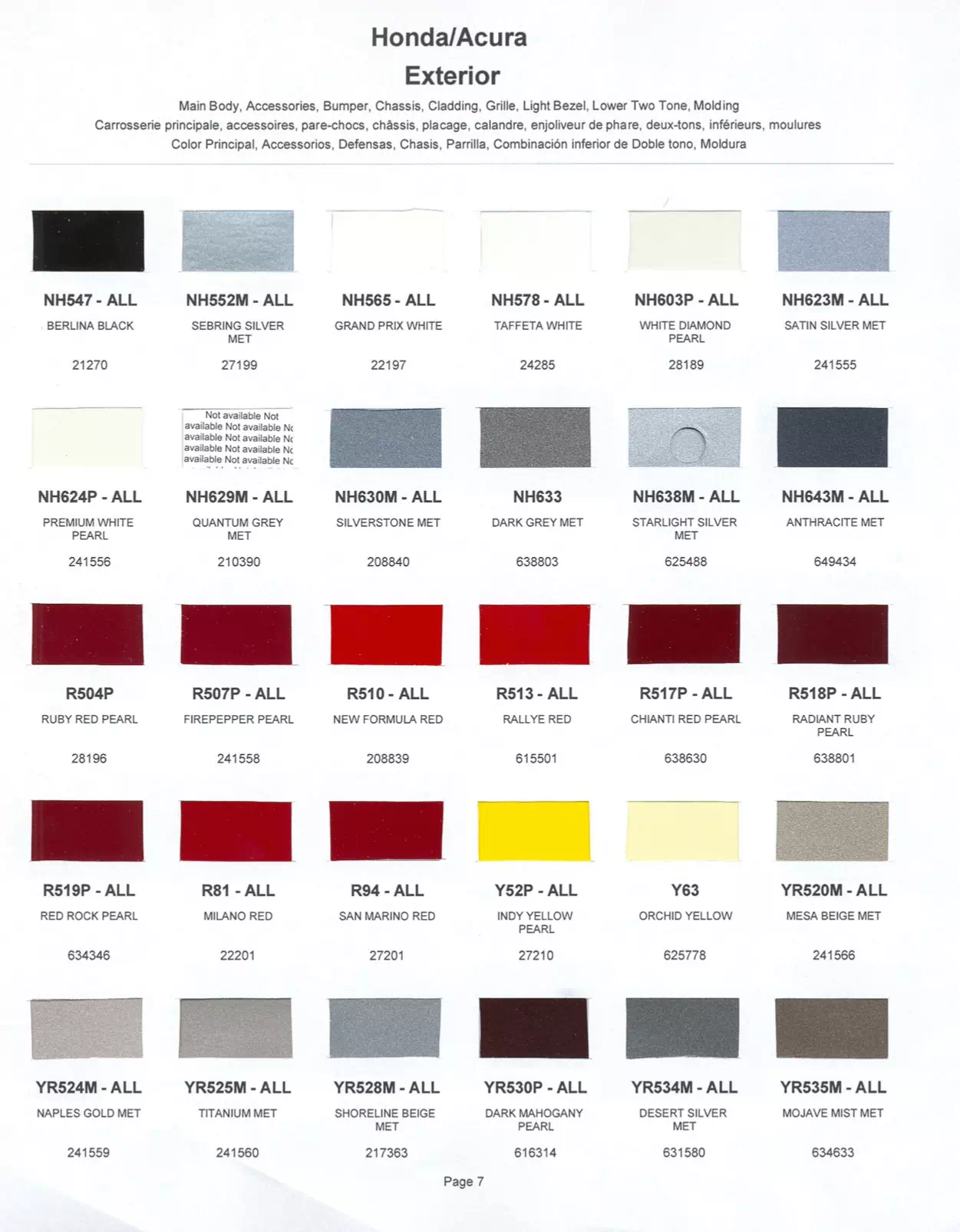 Color Swatches of Honda vehicles.