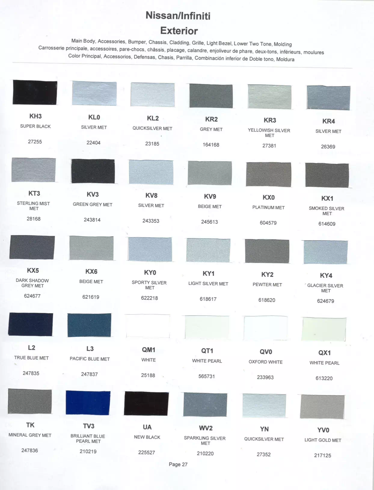 2002 Nissan & Infiniti Paint Codes & Color Chart Exterior paint colors for Nissan and Infiniti vehicles and their ordering codes and stock numbers