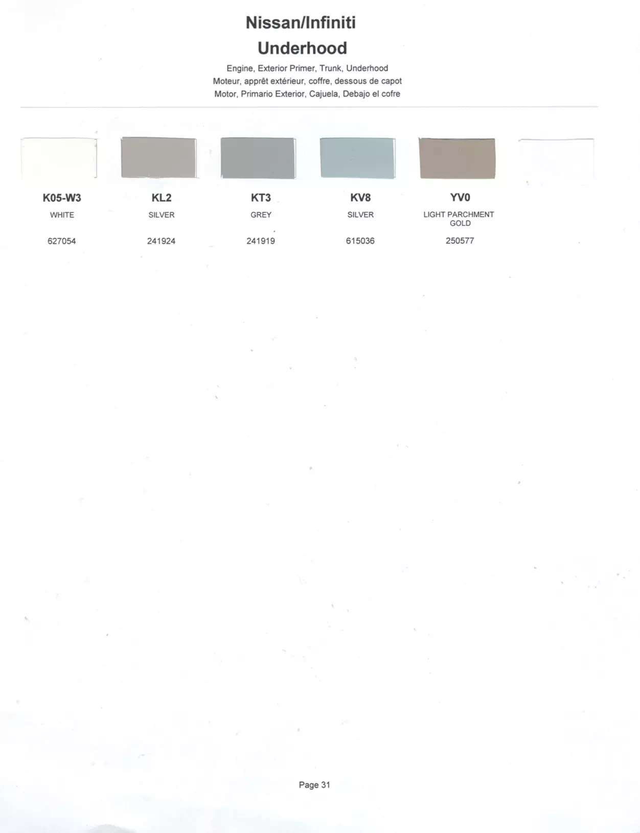 Exterior paint colors for Nissan and Infiniti vehicles and their ordering codes and stock numbers