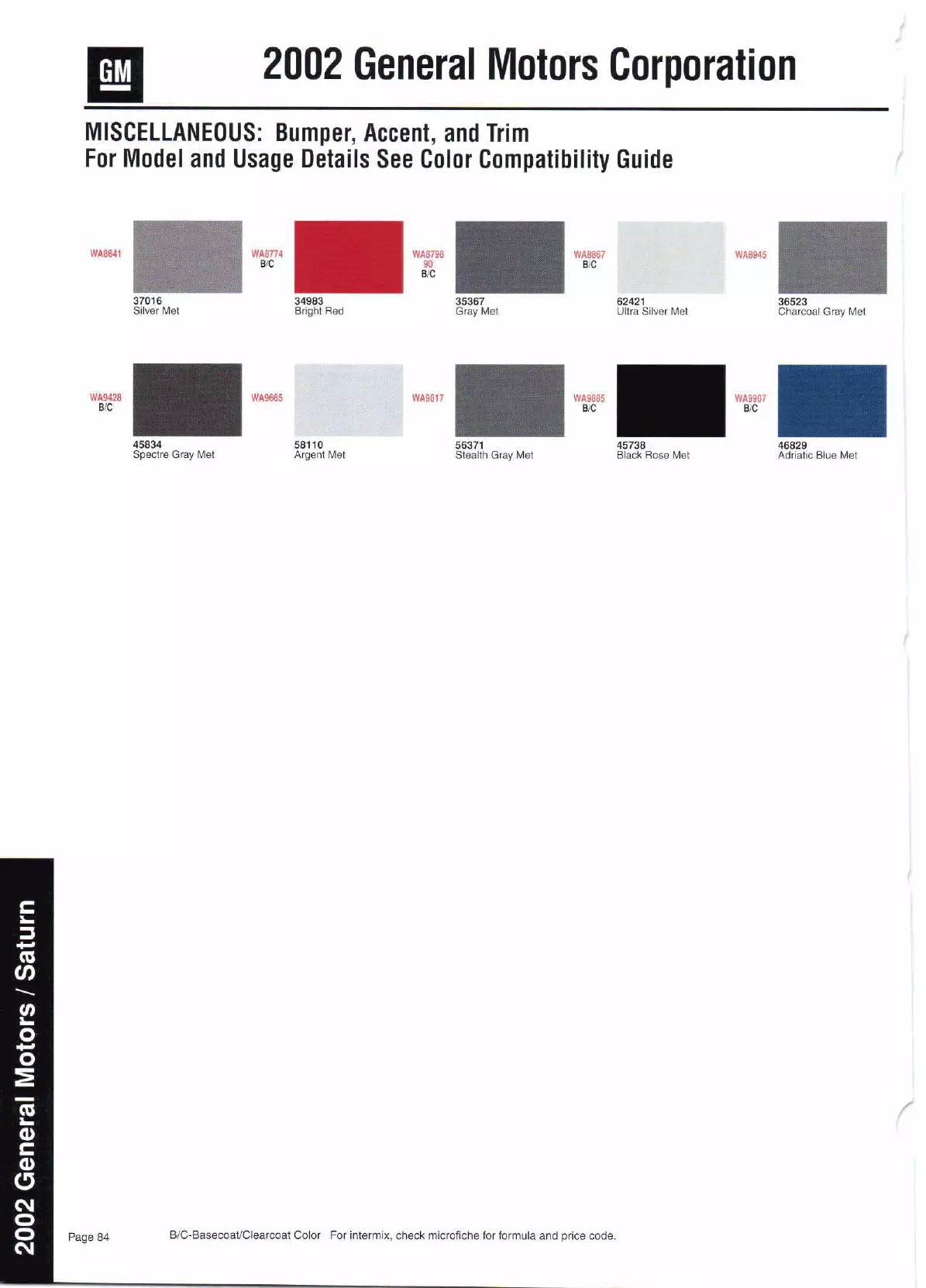 2002 General Motors Company Paint Codes Color swatches, and their ordering paint codes for 2002 model vehicles