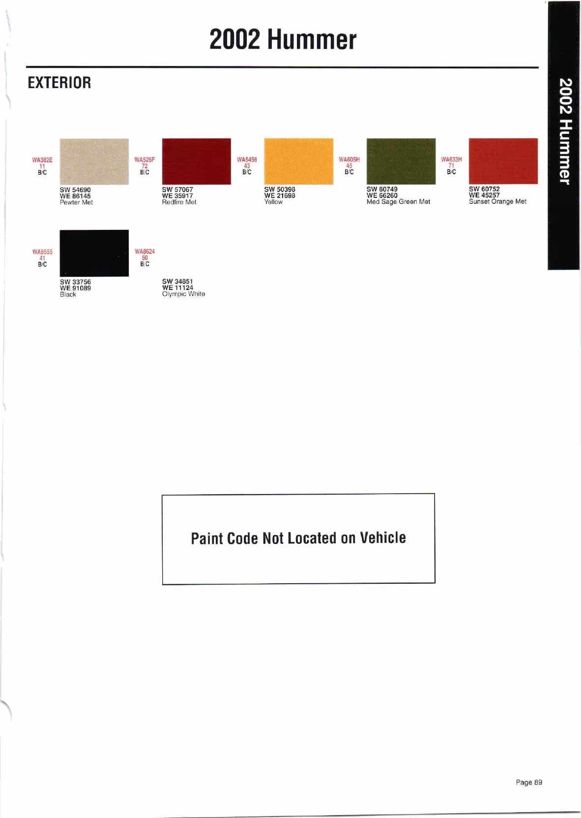 Color swatches, and their ordering paint codes for 2002 model vehicles