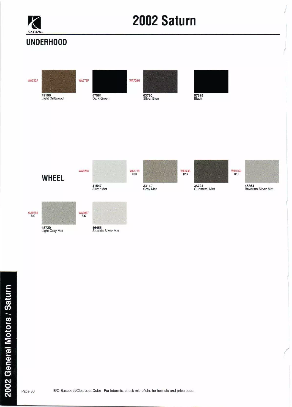 Color swatches, and their ordering paint codes for 2002 model vehicles