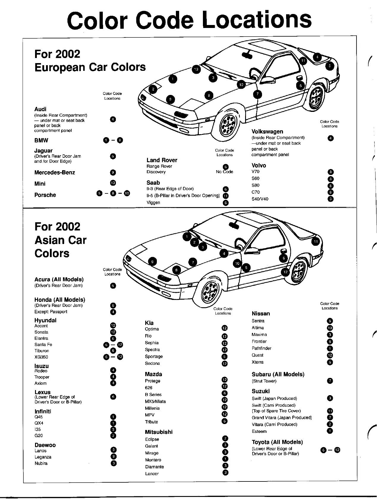 Color swatches, and their ordering paint codes for 2002 model vehicles