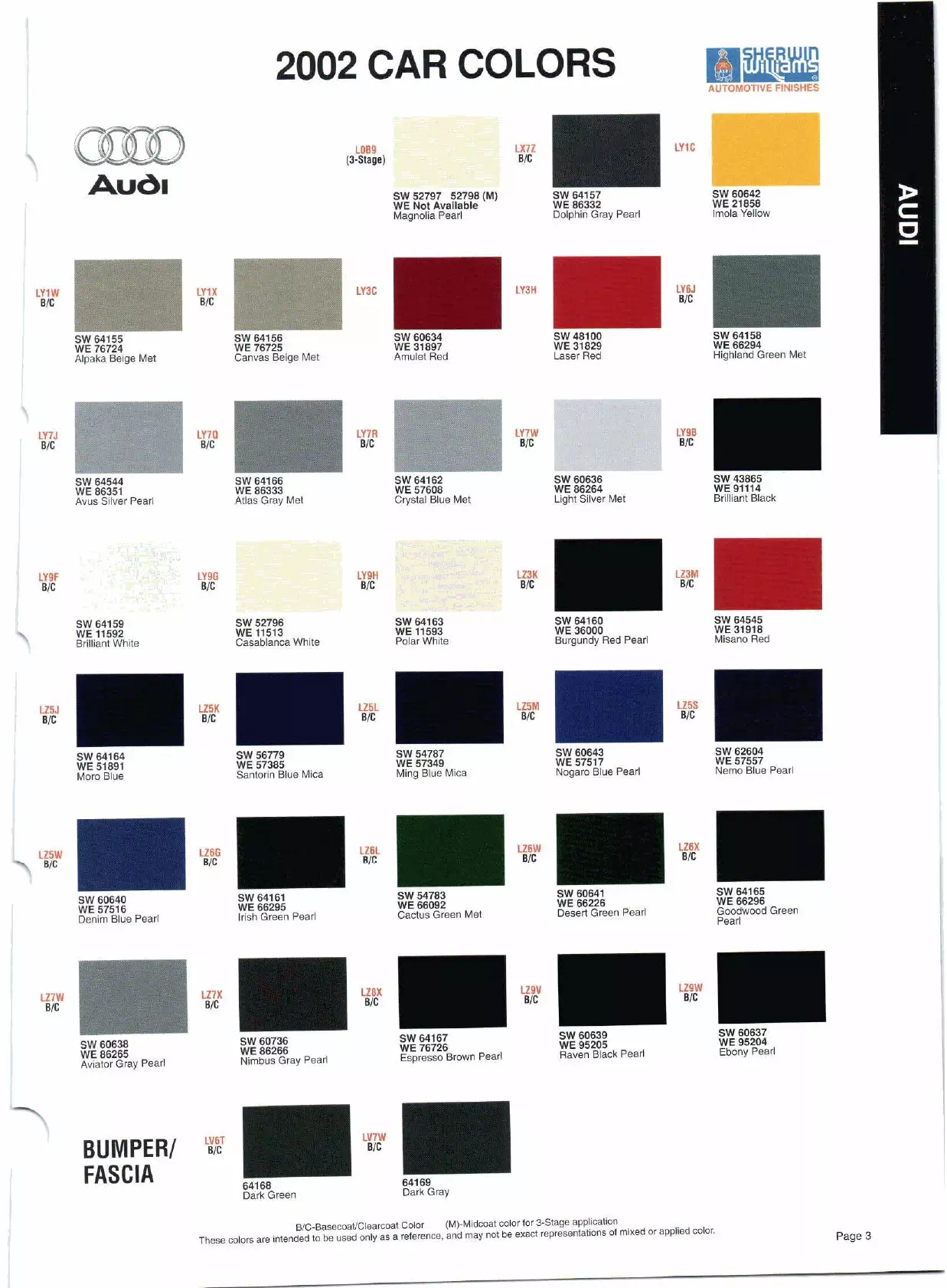 Color swatches, and their ordering paint codes for 2002 model vehicles