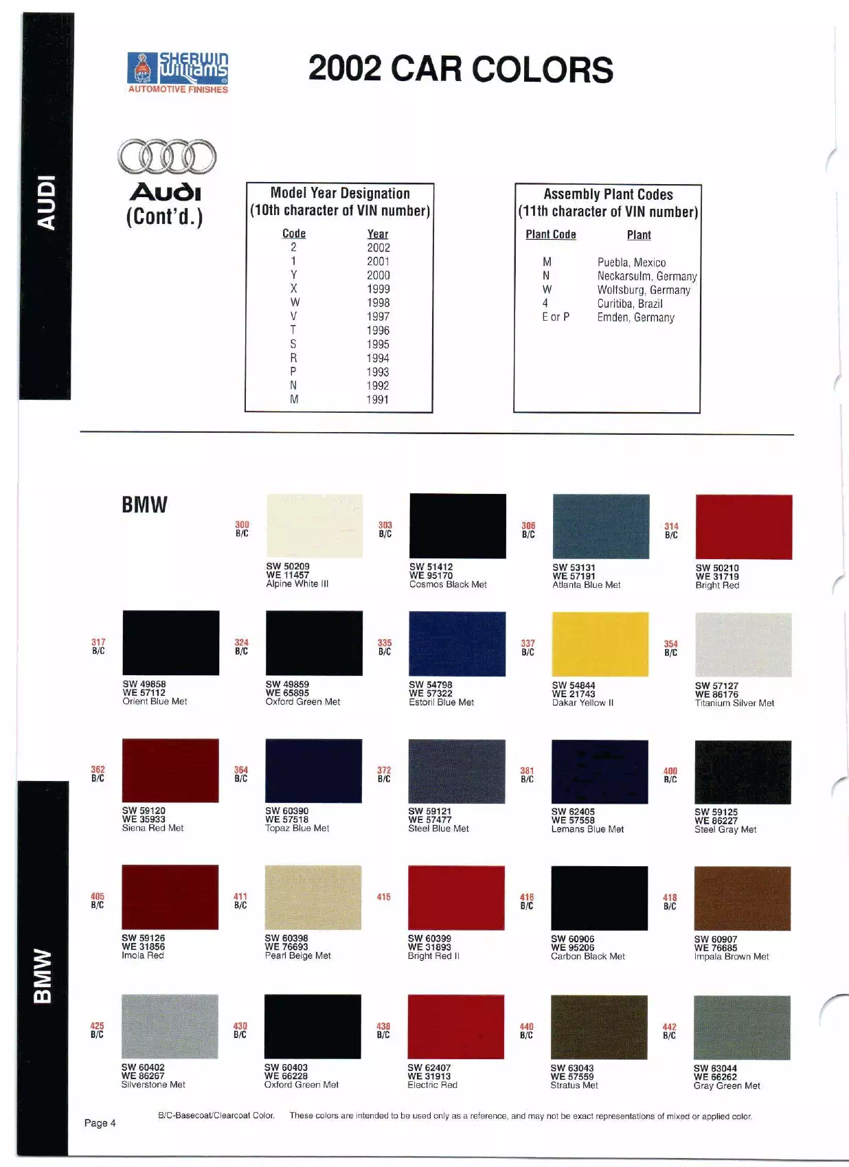 Color swatches, and their ordering paint codes for 2002 model vehicles