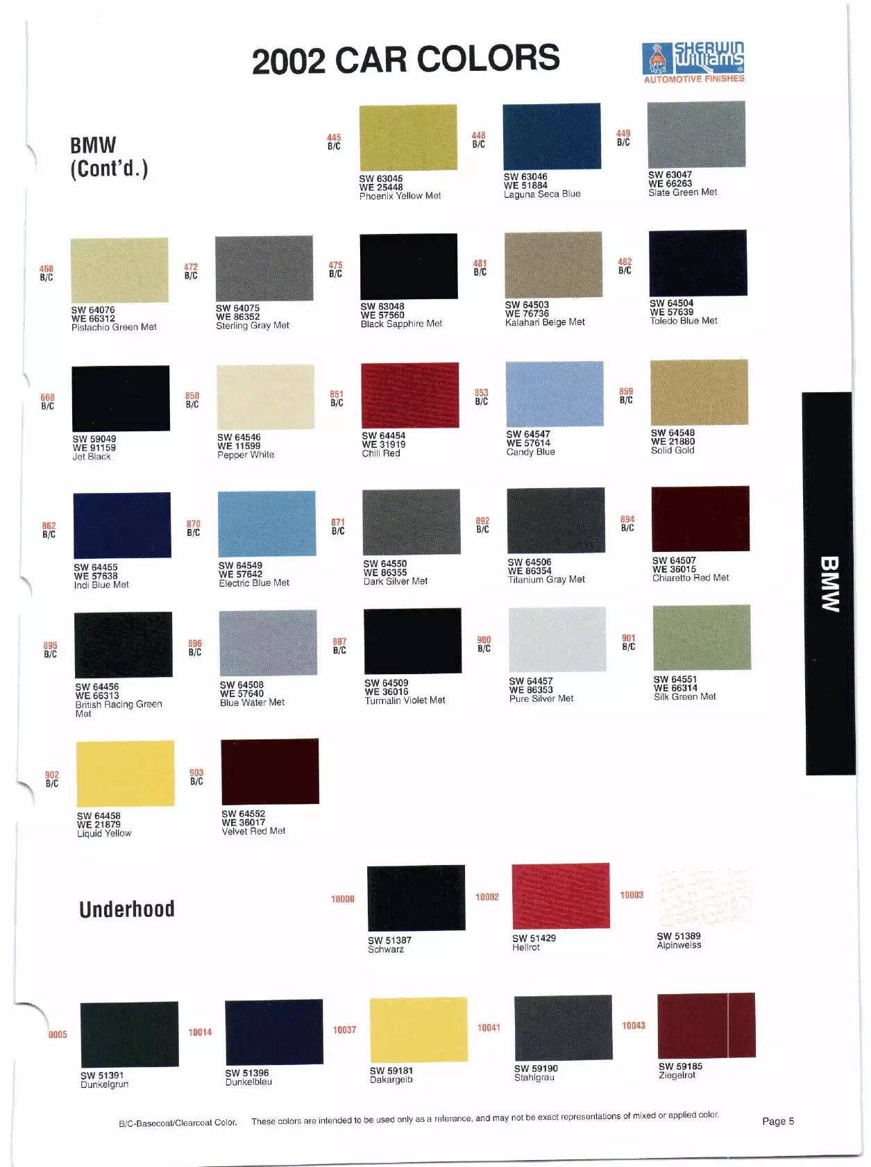 Color swatches, and their ordering paint codes for 2002 model vehicles