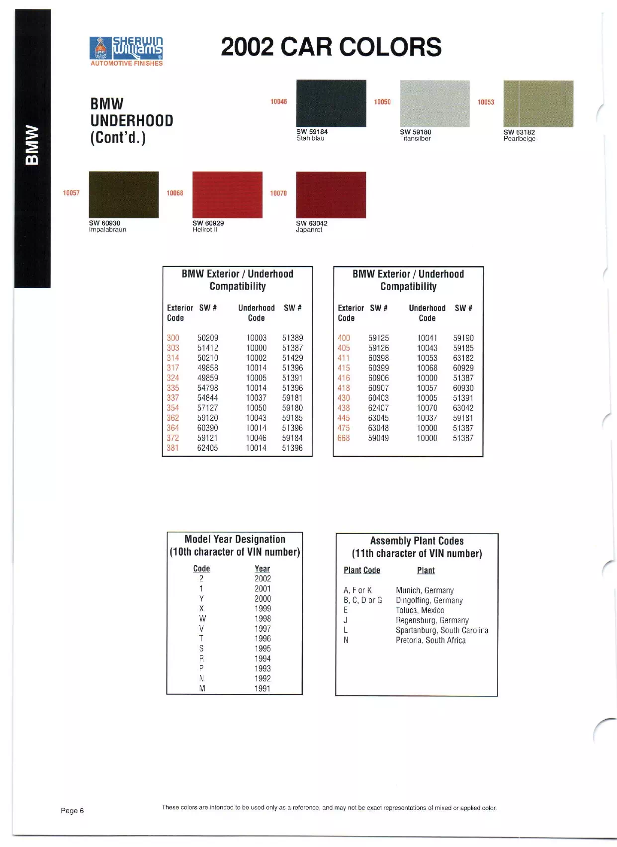 Color swatches, and their ordering paint codes for 2002 model vehicles