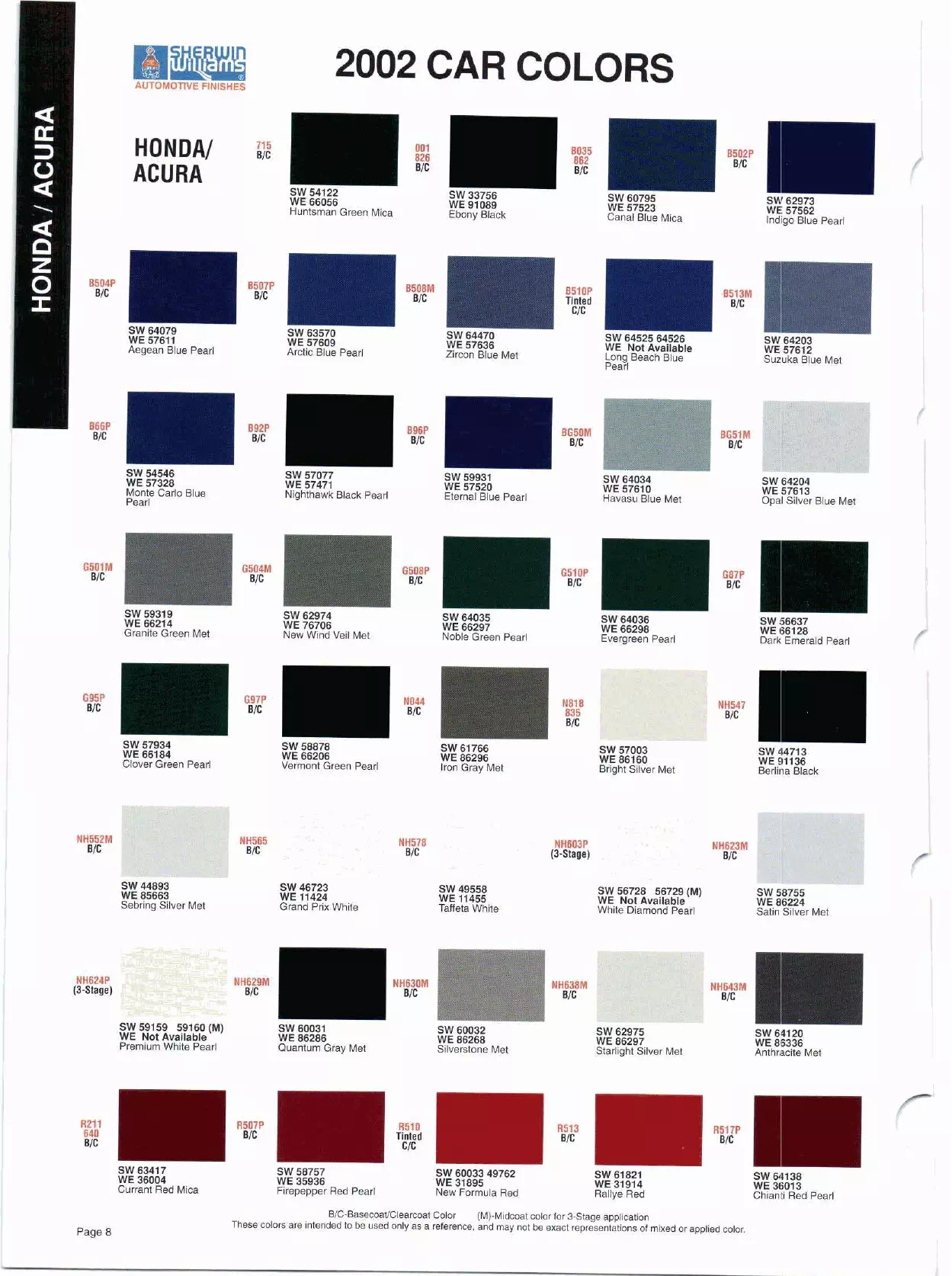 Color swatches, and their ordering paint codes for 2002 model vehicles