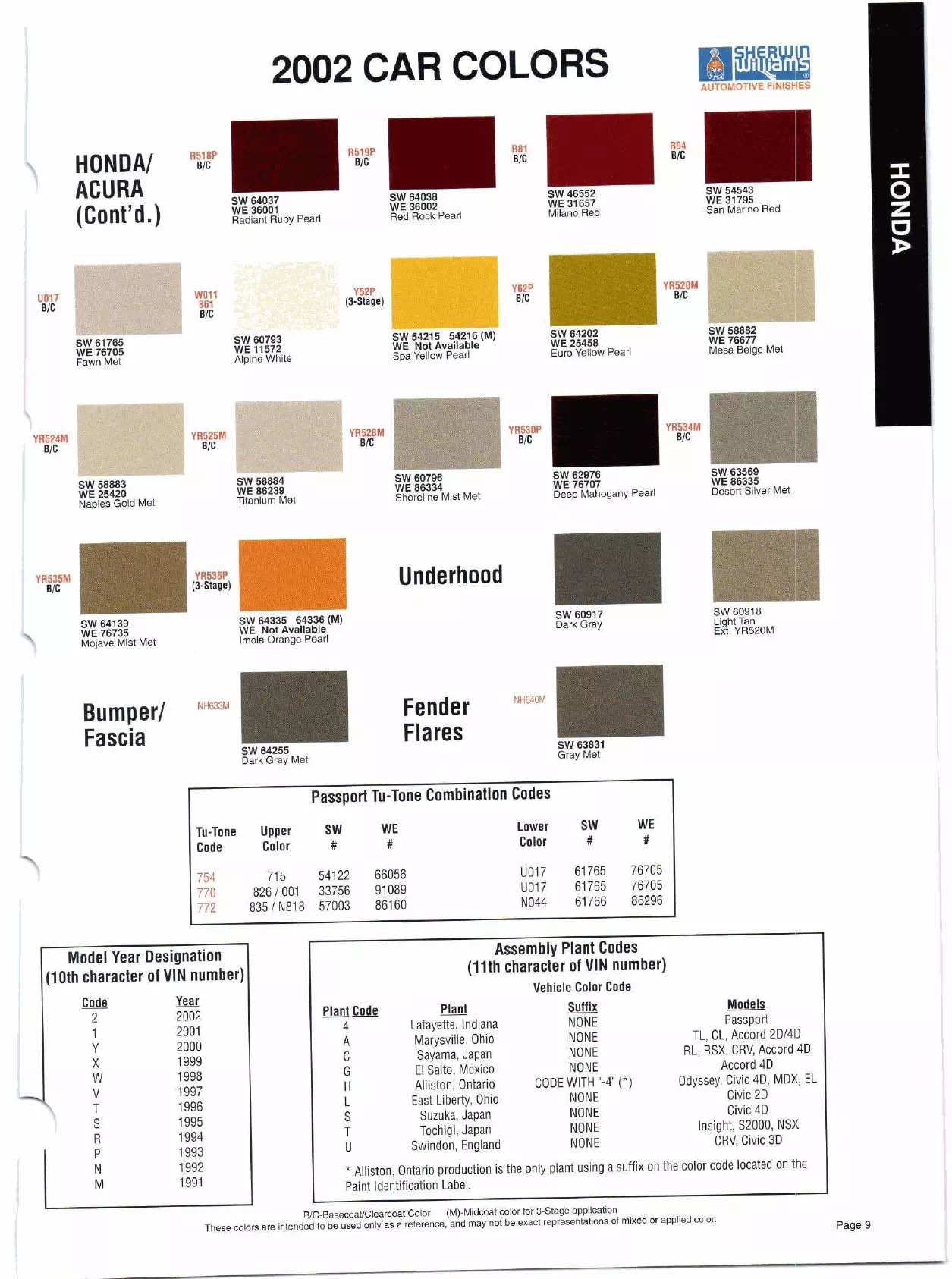 Color swatches, and their ordering paint codes for 2002 model vehicles