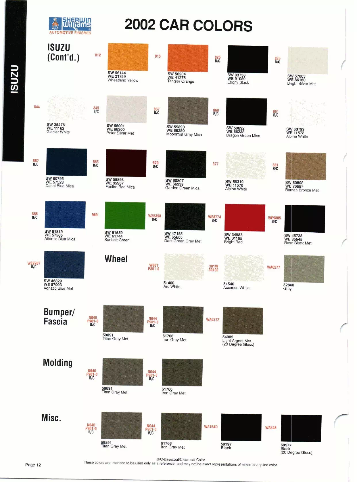 2002 Isuzu Paint Codes & Color Chart Color swatches, and their ordering paint codes for 2002 model vehicles
