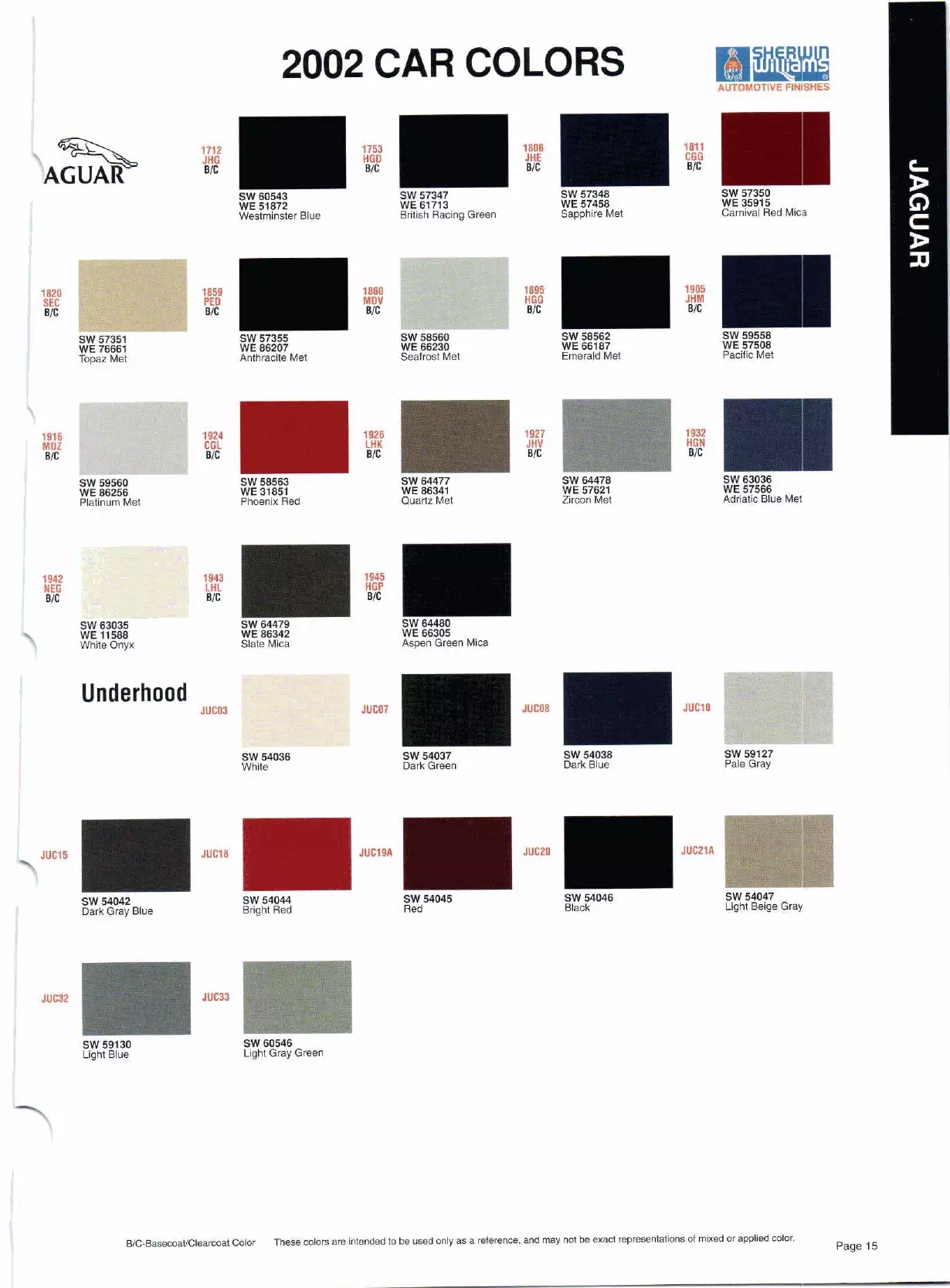 Color swatches, and their ordering paint codes for 2002 model vehicles