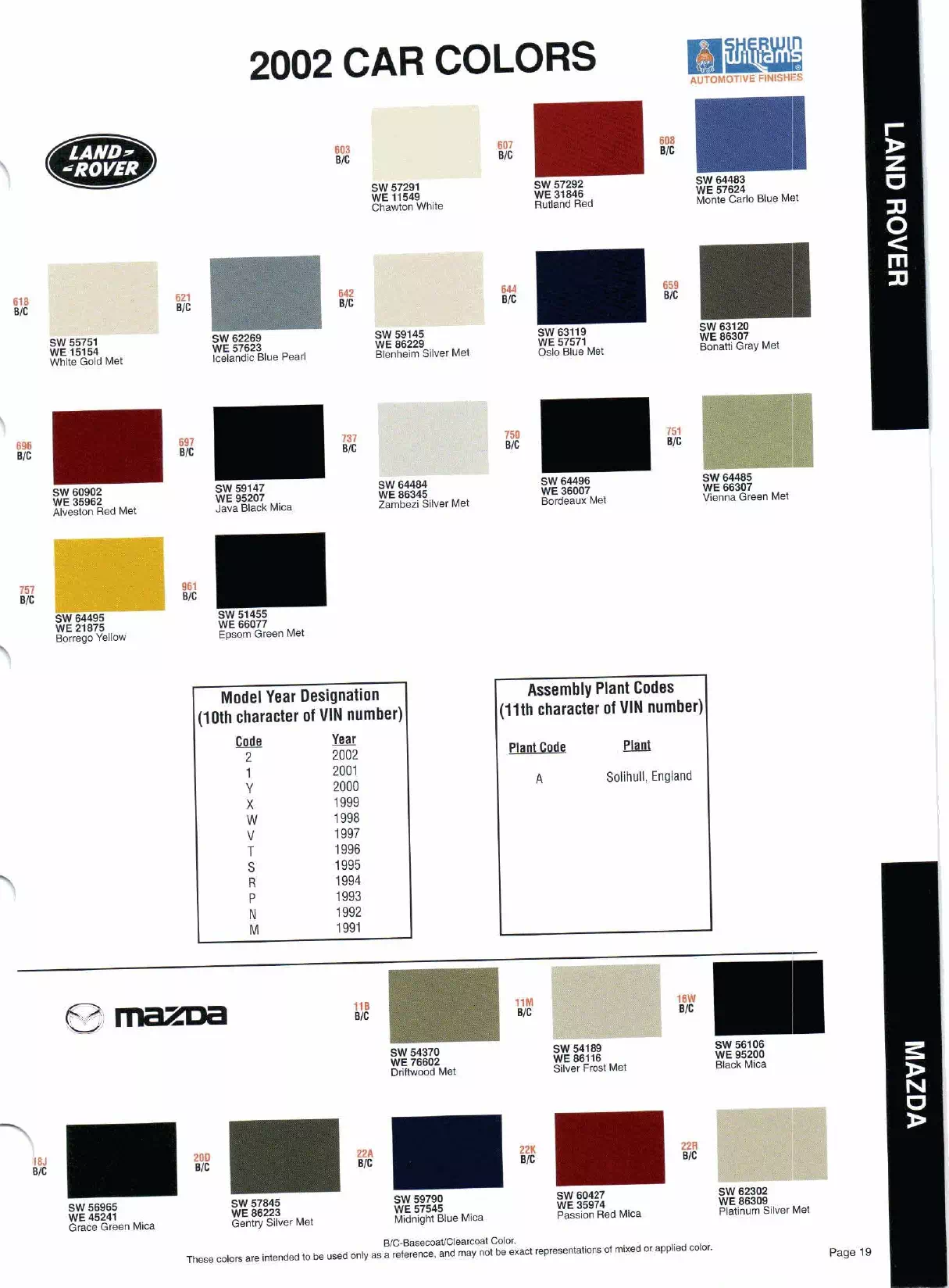 Color swatches, and their ordering paint codes for 2002 model vehicles