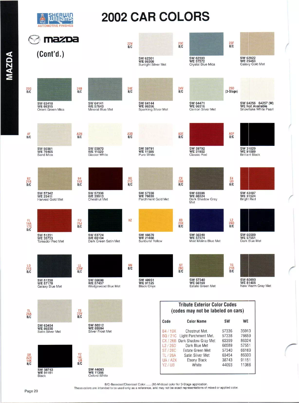 Color swatches, and their ordering paint codes for 2002 model vehicles