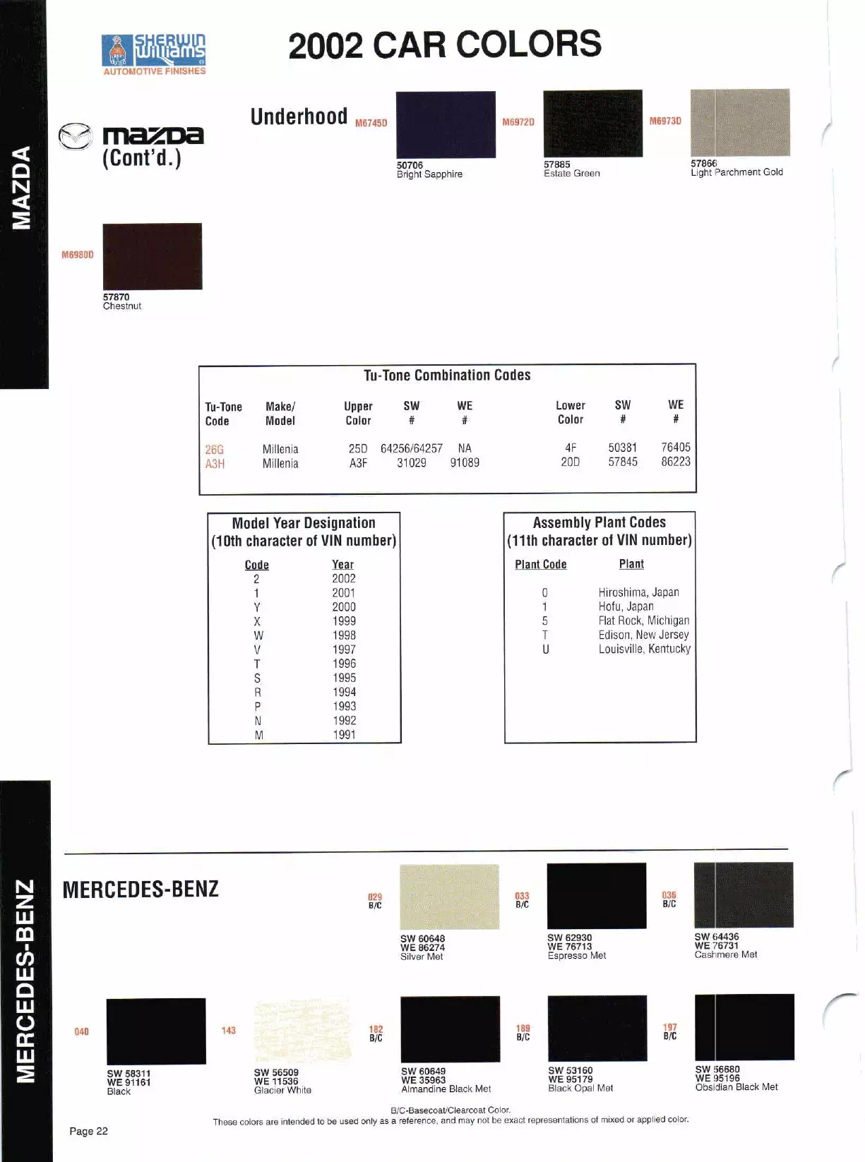 Color swatches, and their ordering paint codes for 2002 model vehicles