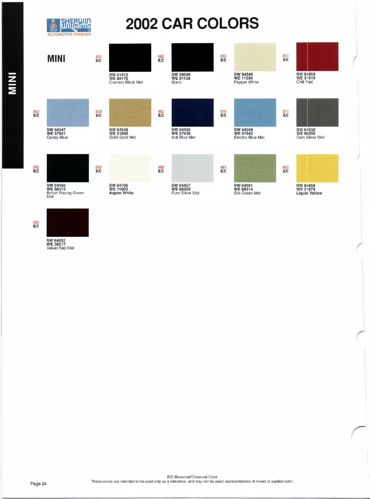 Color swatches, and their ordering paint codes for 2002 model vehicles