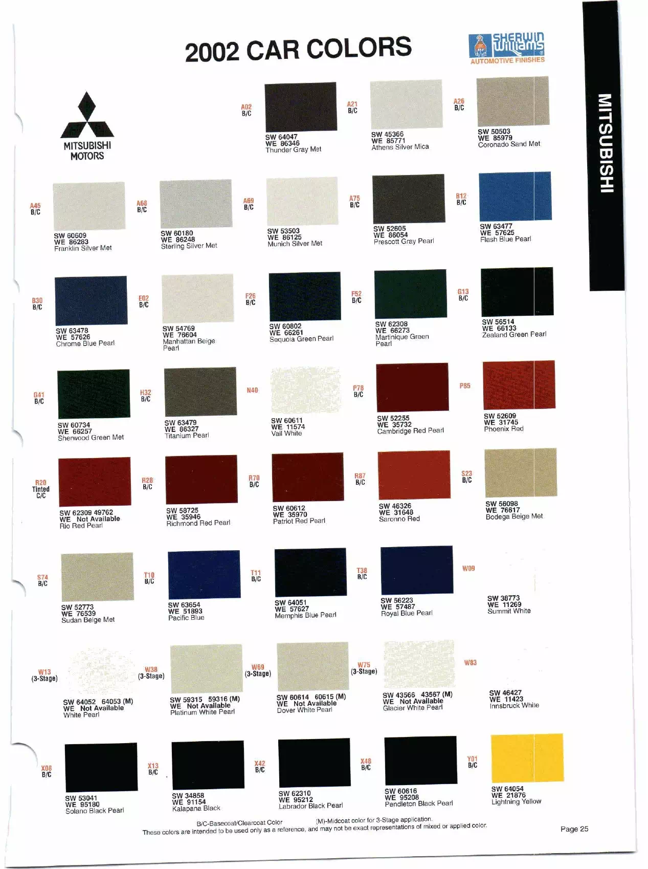 Color swatches, and their ordering paint codes for 2002 model vehicles