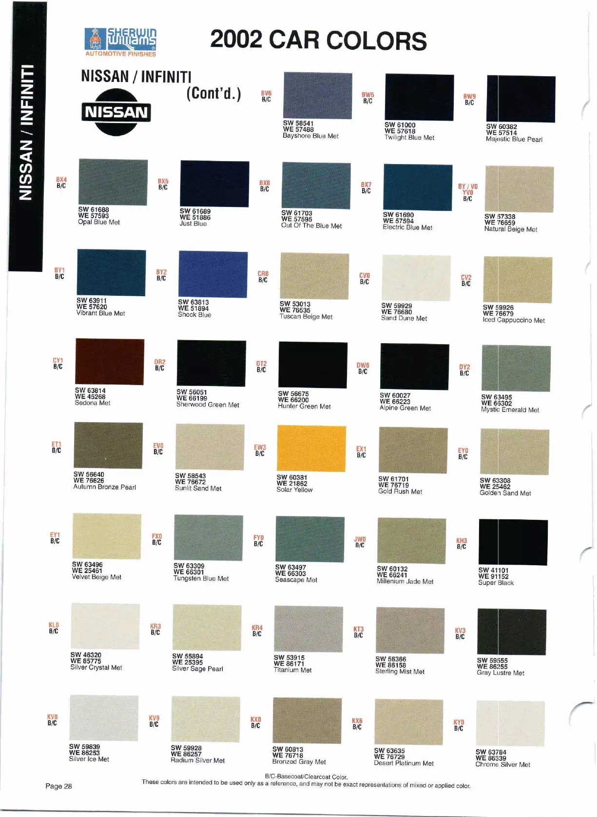 Color swatches, and their ordering paint codes for 2002 model vehicles