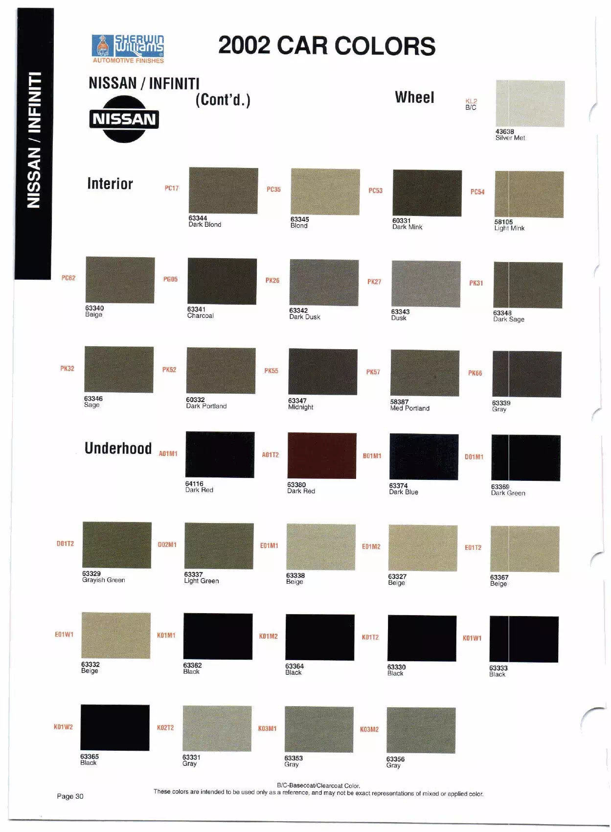 Color swatches, and their ordering paint codes for 2002 model vehicles