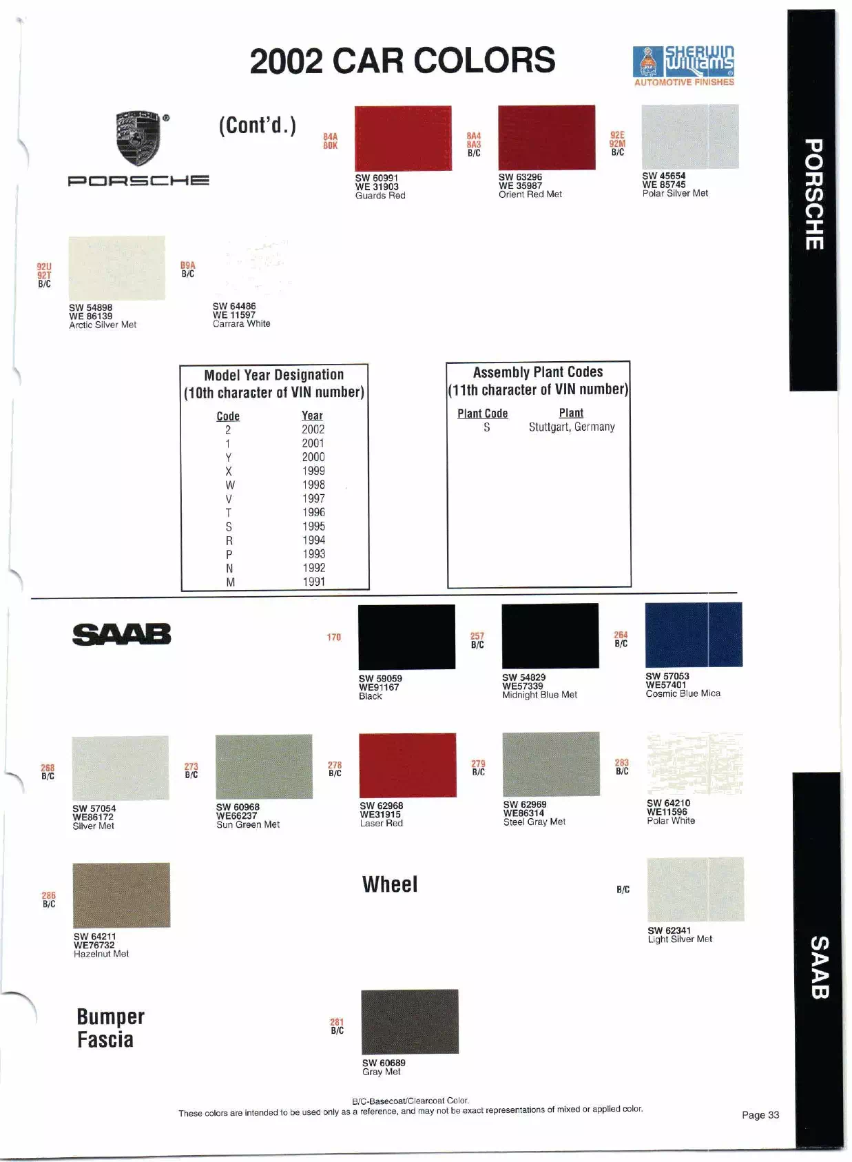 Color swatches, and their ordering paint codes for 2002 model vehicles