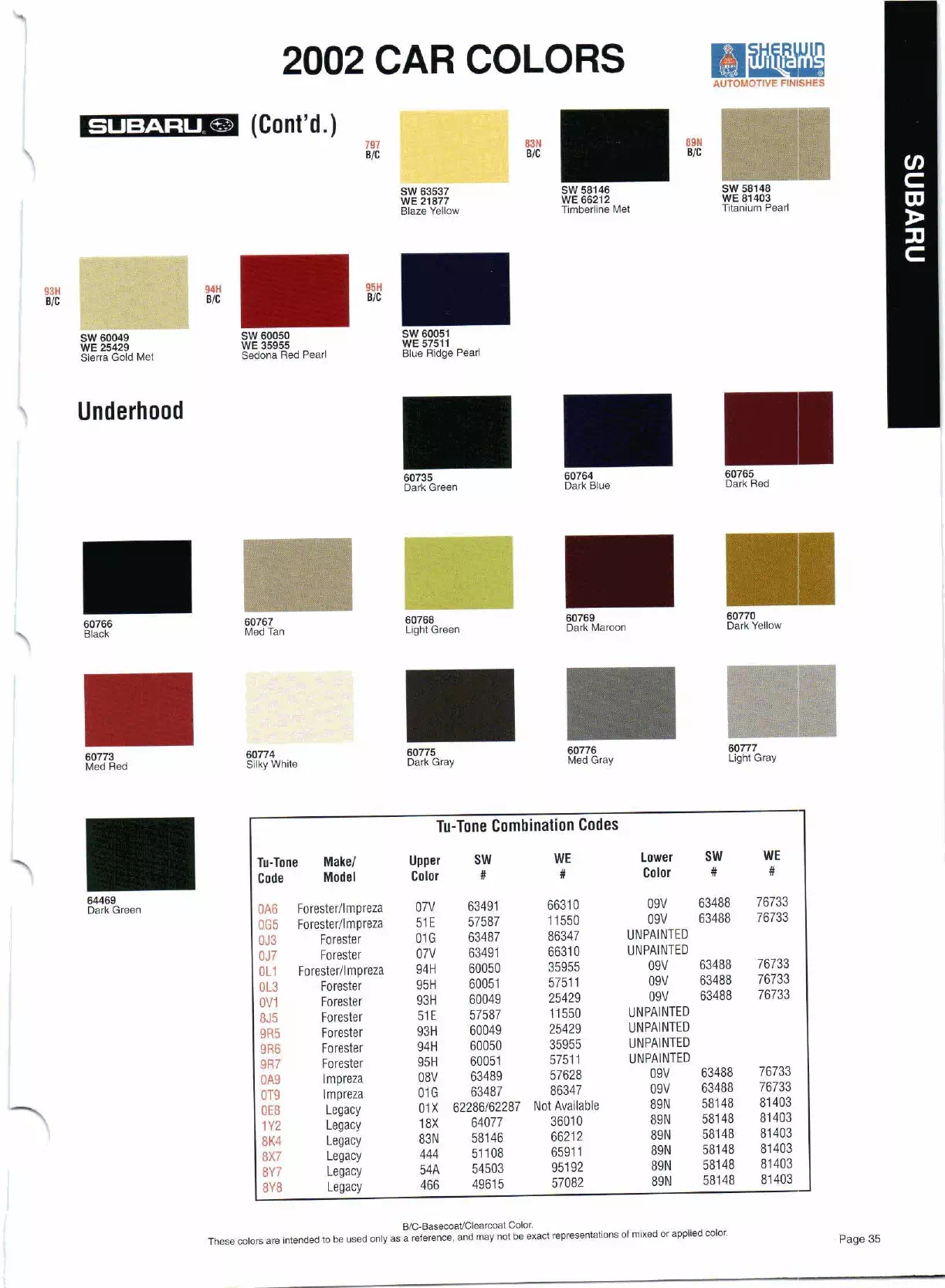 Color swatches, and their ordering paint codes for 2002 model vehicles