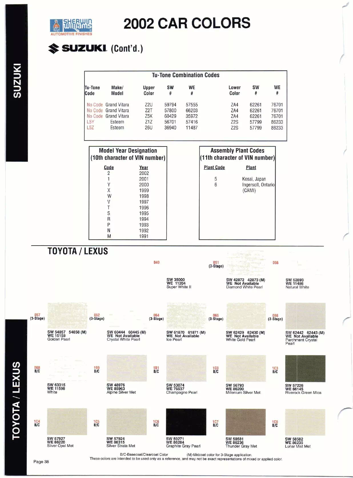 Color swatches, and their ordering paint codes for 2002 model vehicles