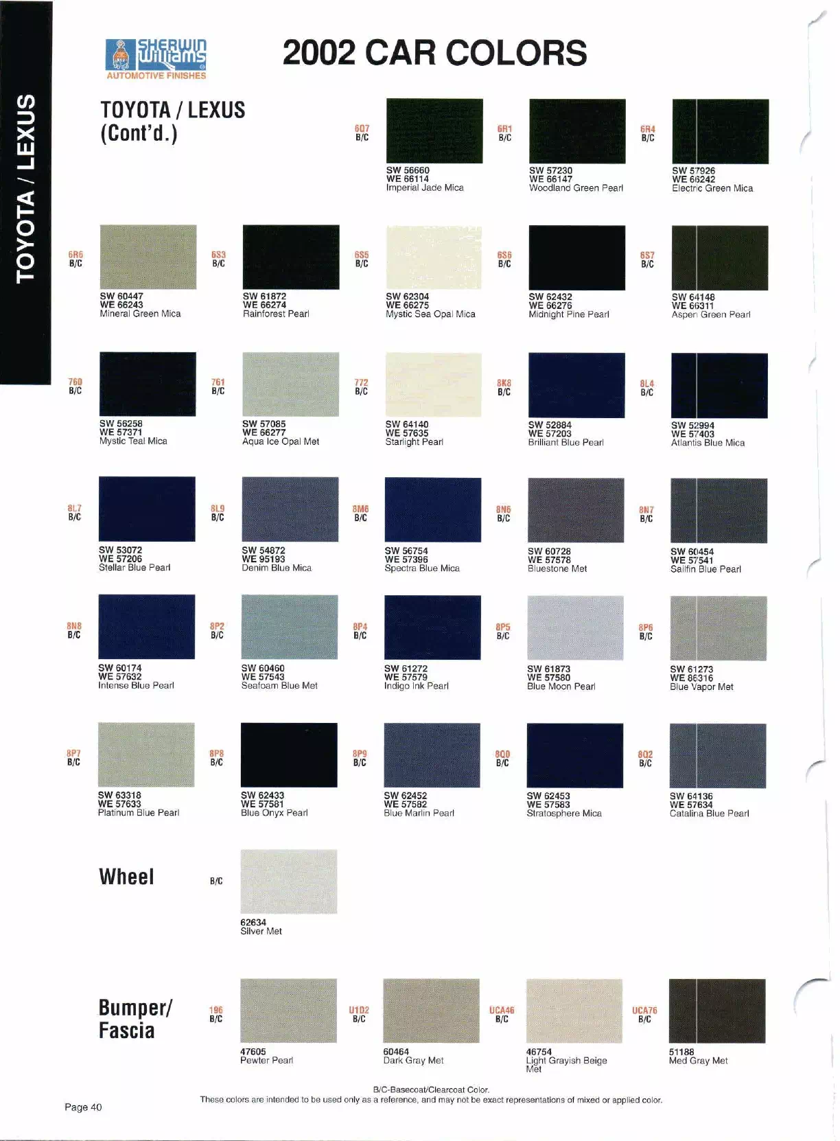 Color swatches, and their ordering paint codes for 2002 model vehicles