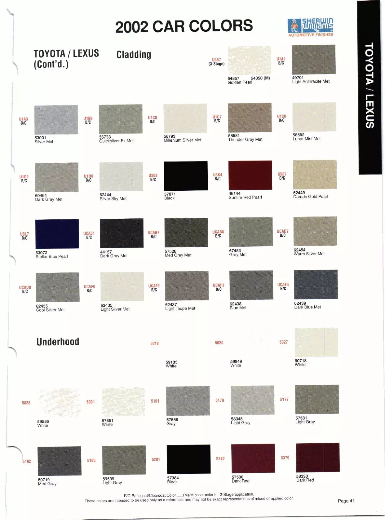 Color swatches, and their ordering paint codes for 2002 model vehicles