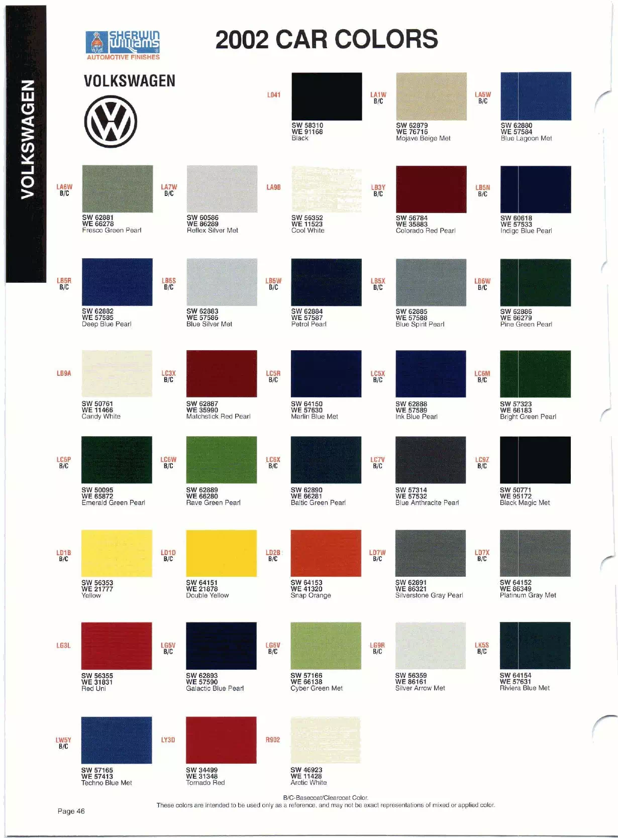 Color swatches, and their ordering paint codes for 2002 model vehicles