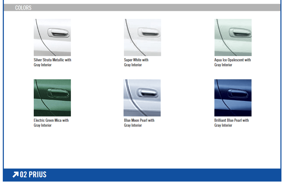 2002 Toyota Prius Paint Chart Exterior Paint Options for the Toyota Prius vehicle