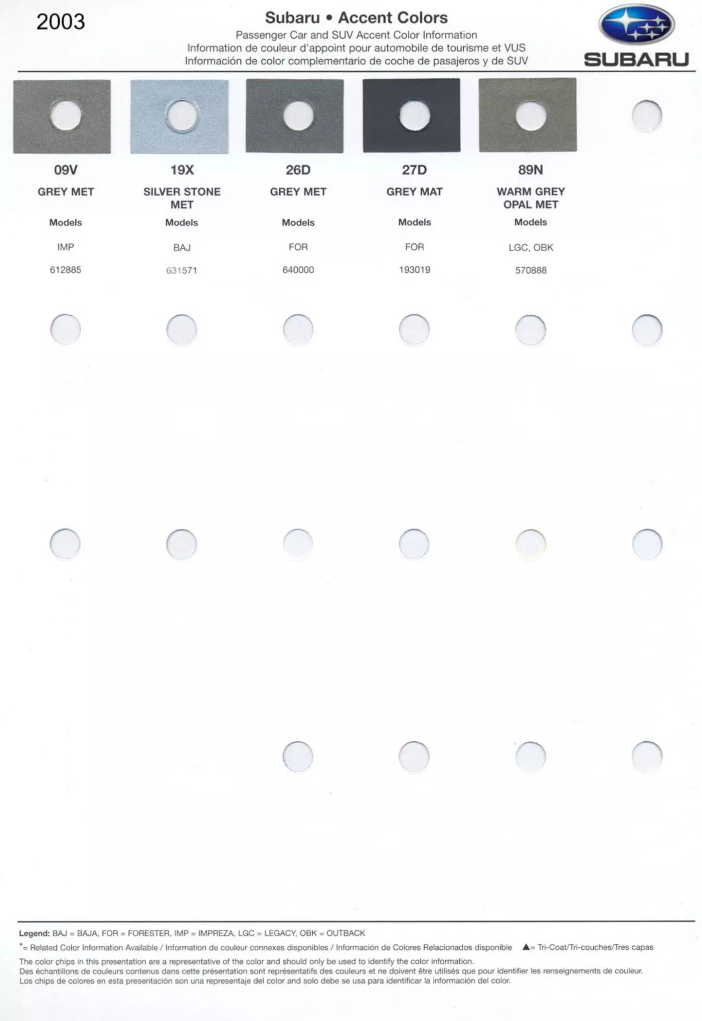 Color swatches, and their ordering paint codes for 2003 model vehicles