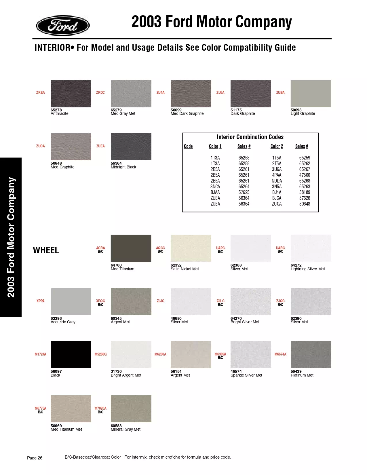 Color swatches, and their ordering paint codes for 2003 model vehicles