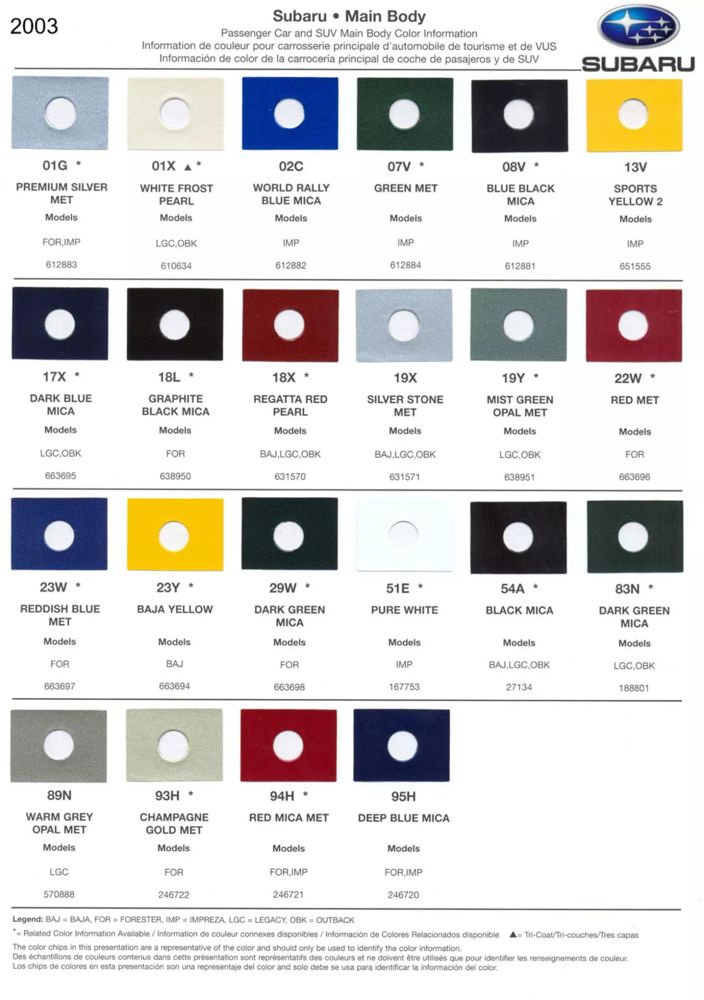 Color swatches, and their ordering paint codes for 2003 model vehicles