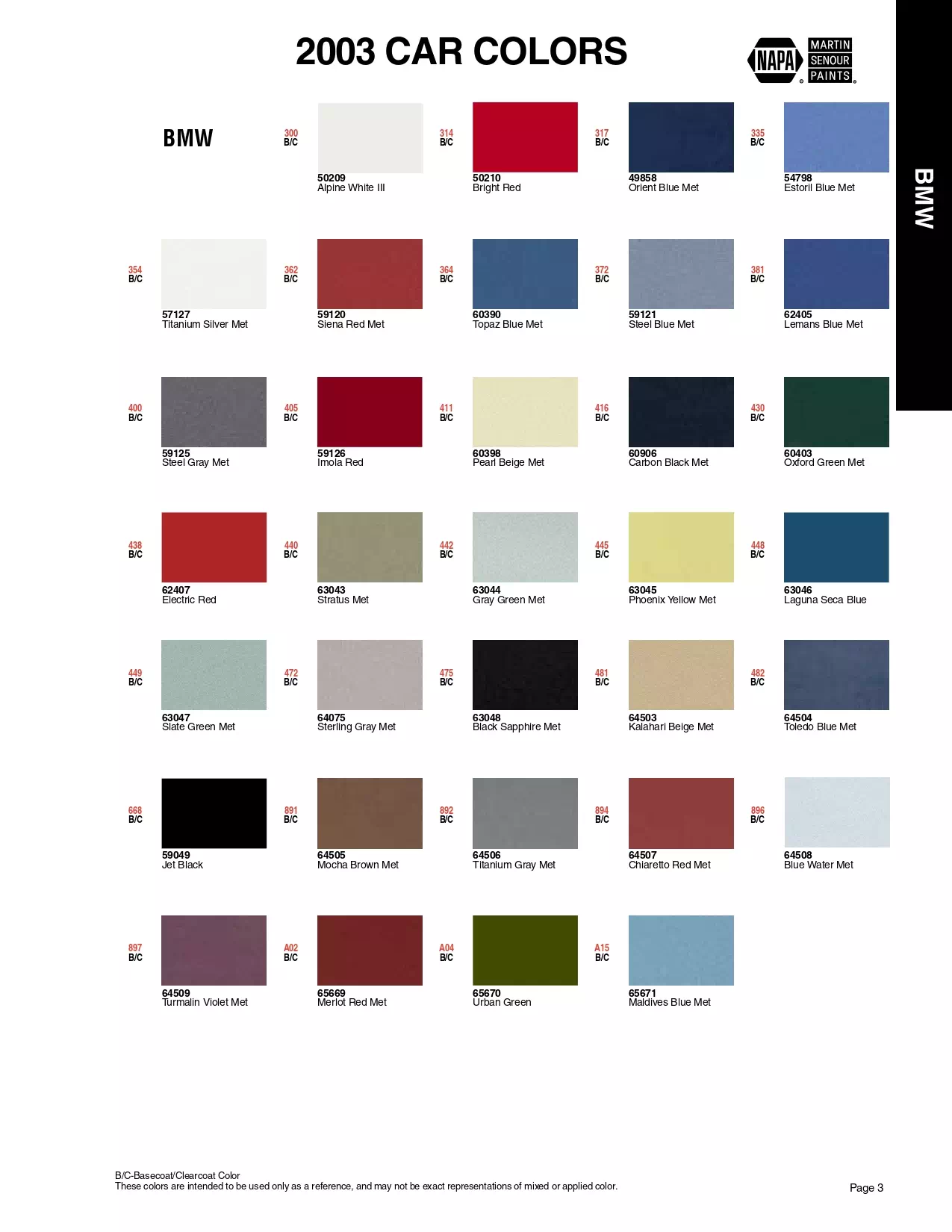 Color swatches, and their ordering paint codes for 2003 model vehicles