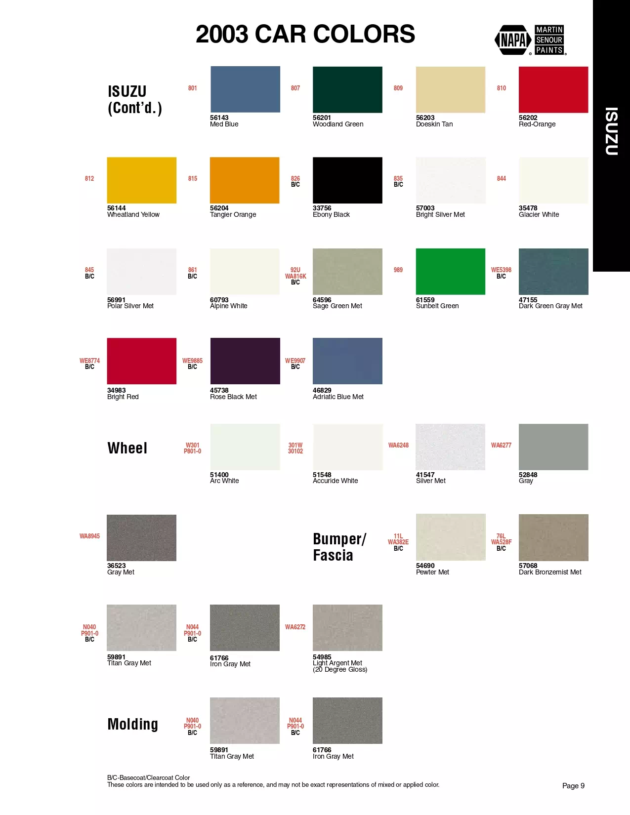 Color swatches, and their ordering paint codes for 2003 model vehicles