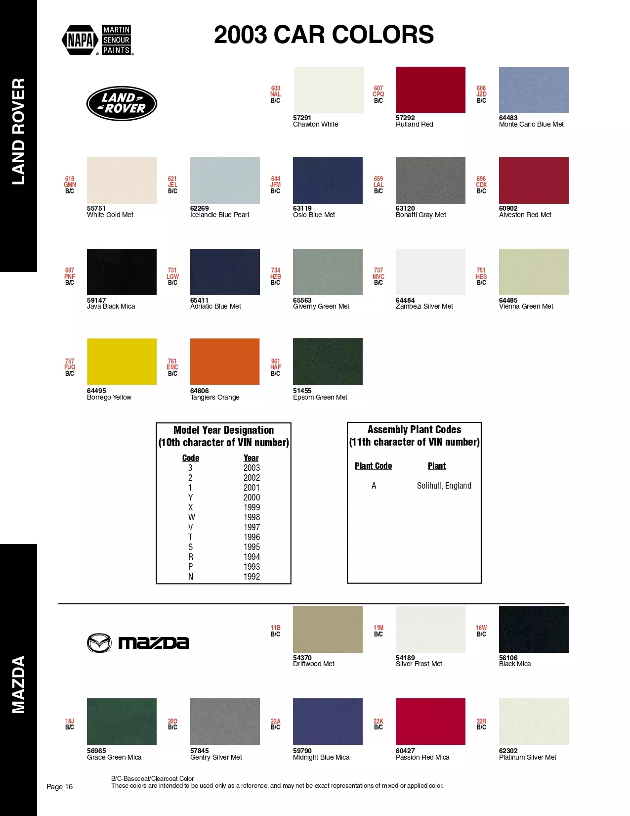 Color swatches, and their ordering paint codes for 2003 model vehicles