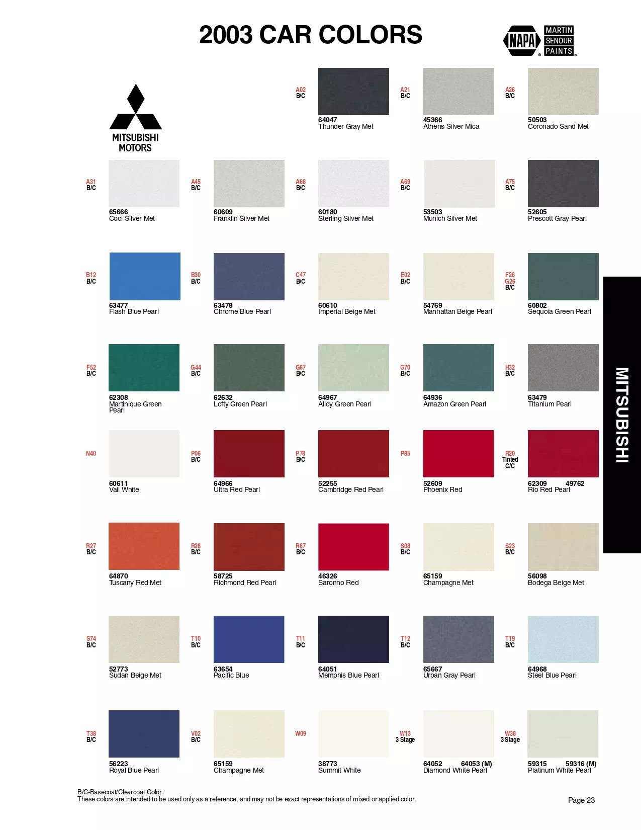 Color swatches, and their ordering paint codes for 2003 model vehicles