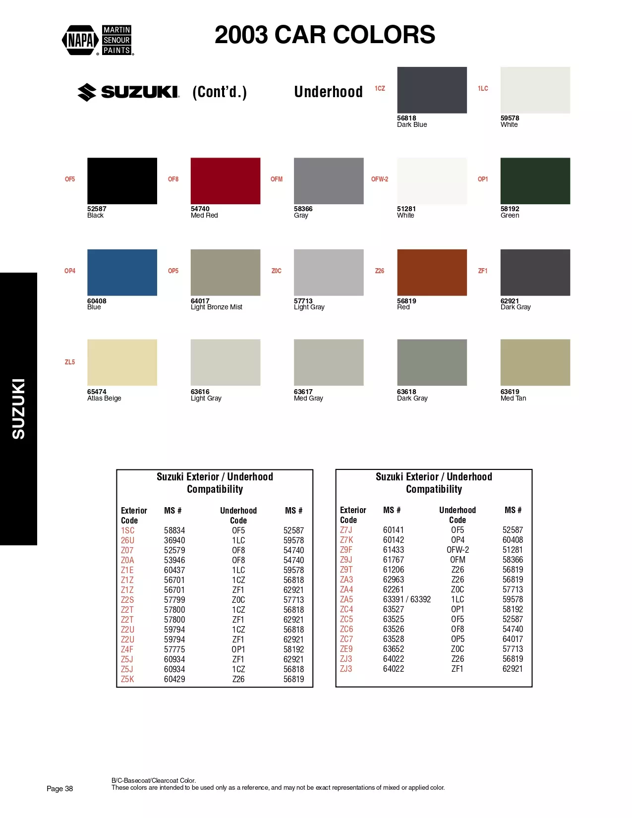 Color swatches, and their ordering paint codes for 2003 model vehicles