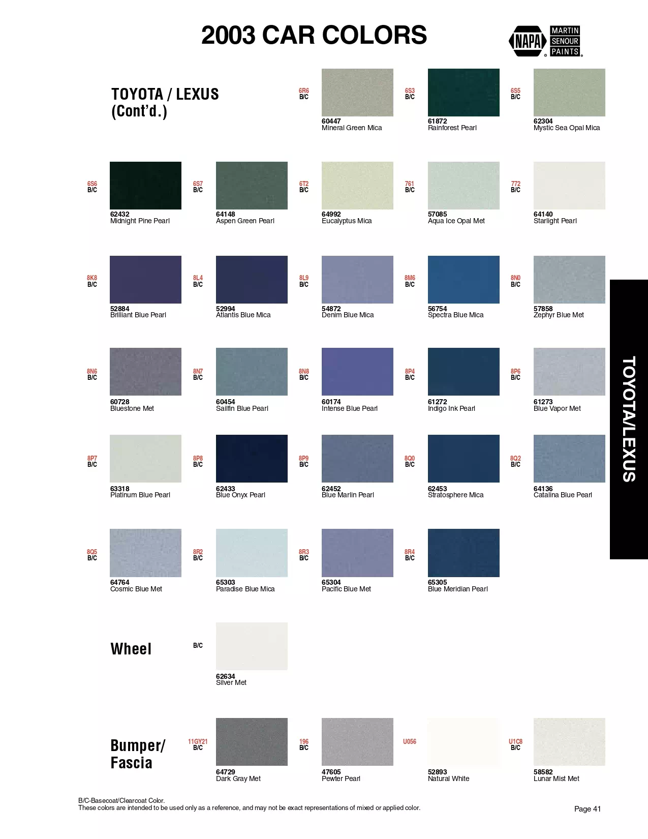 Color swatches, and their ordering paint codes for 2003 model vehicles