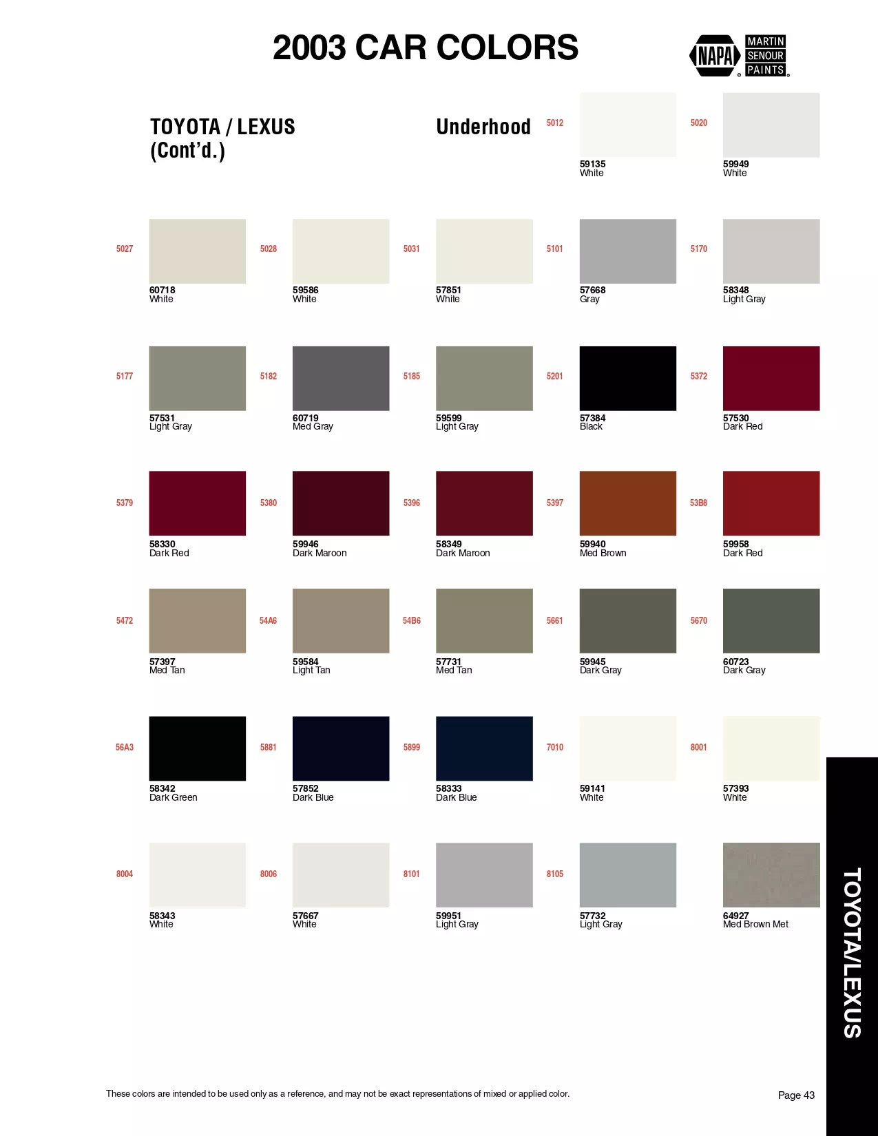 Color swatches, and their ordering paint codes for 2003 model vehicles