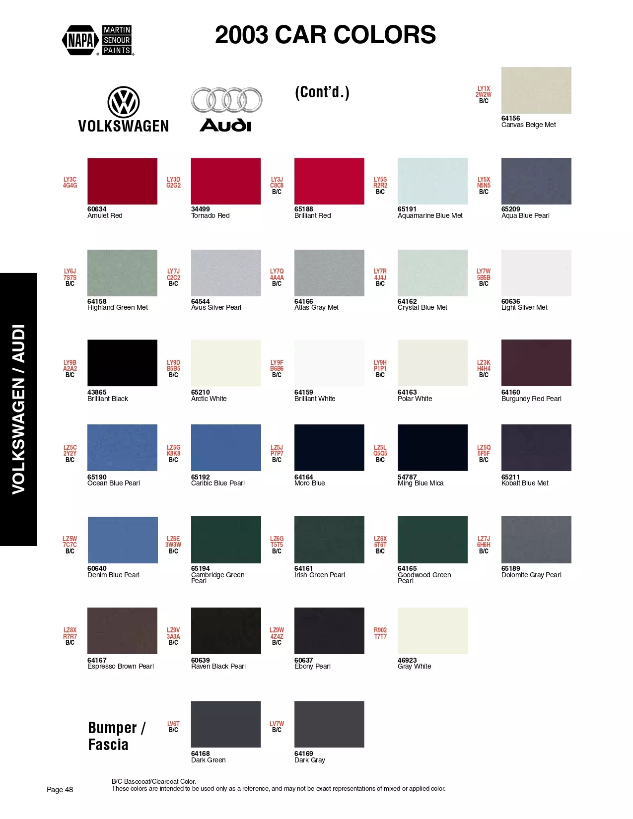 Color swatches, and their ordering paint codes for 2003 model vehicles