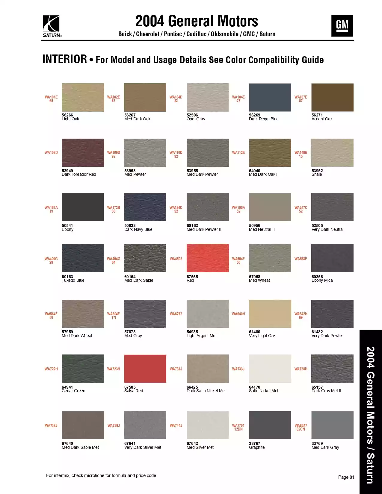 2004 General Motors, Buick, Chevrolet, Pontiac, Cadillac, GMC & Saturn Paint Codes & Color Chart Paint color examples, their ordering codes, the oem color code, and vehicles the color was used on