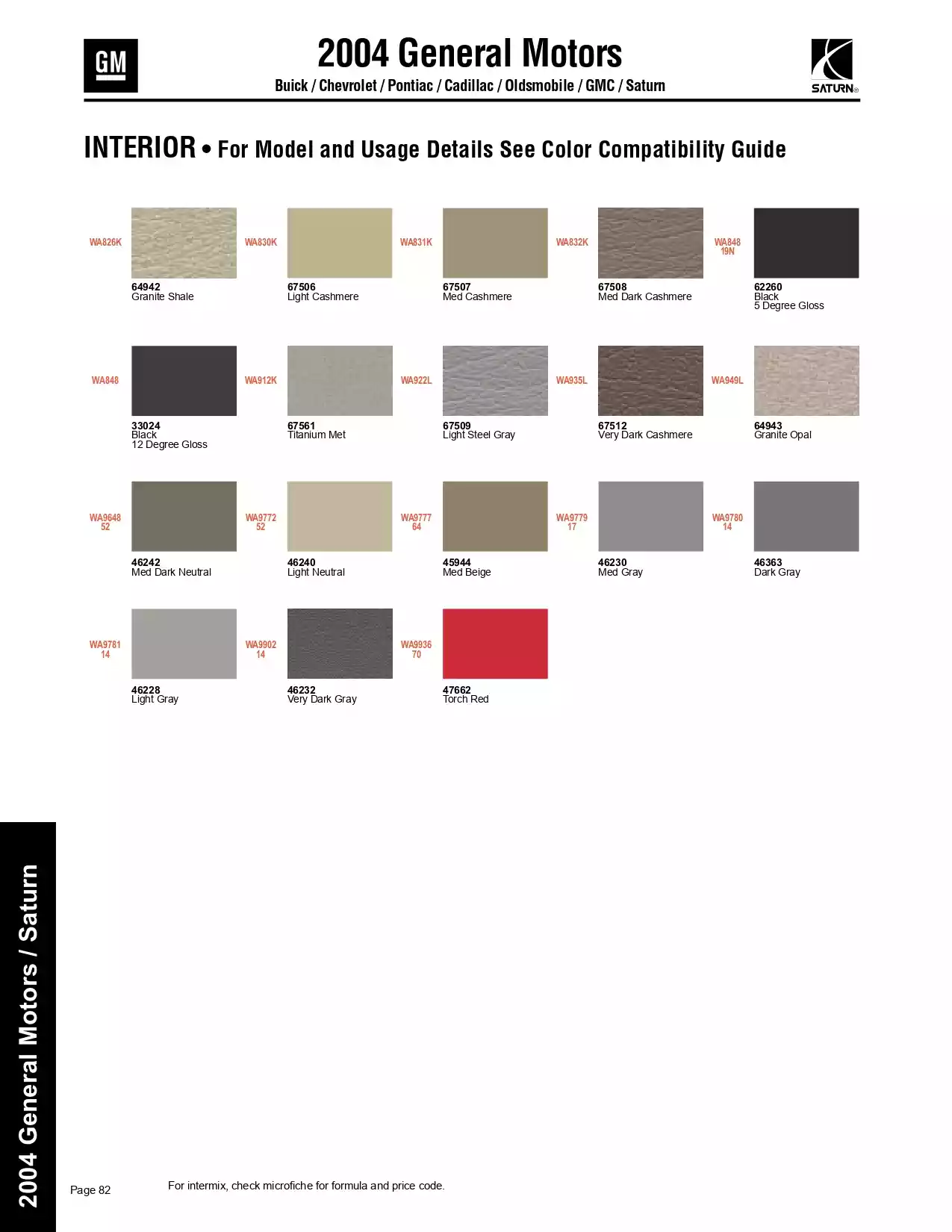 2004 General Motors, Buick, Chevrolet, Pontiac, Cadillac, GMC & Saturn Paint Codes & Color Chart Paint color examples, their ordering codes, the oem color code, and vehicles the color was used on