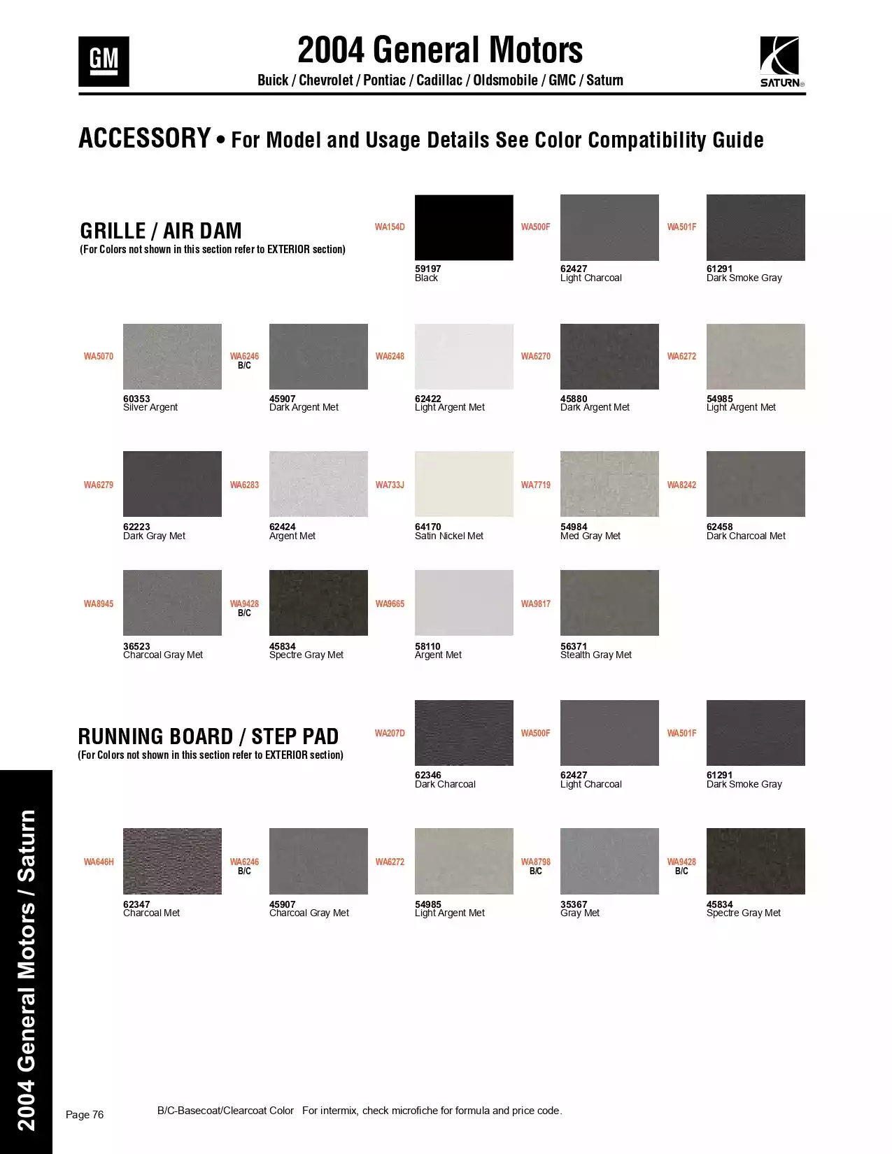 2004 General Motors, Buick, Chevrolet, Pontiac, Cadillac, GMC & Saturn Paint Codes & Color Chart Paint color examples, their ordering codes, the oem color code, and vehicles the color was used on
