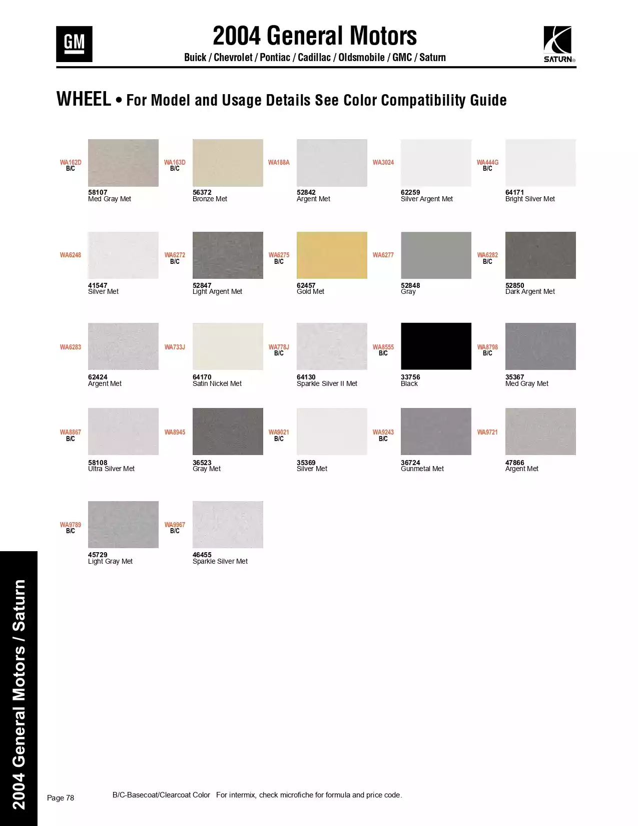 2004 General Motors, Buick, Chevrolet, Pontiac, Cadillac, GMC & Saturn Paint Codes & Color Chart Paint color examples, their ordering codes, the oem color code, and vehicles the color was used on