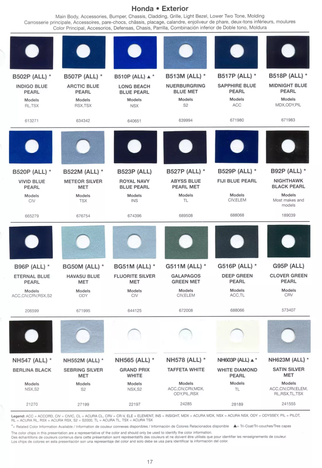 Exterior paint chips and their ordering codes for Honda and Acura Vehicles